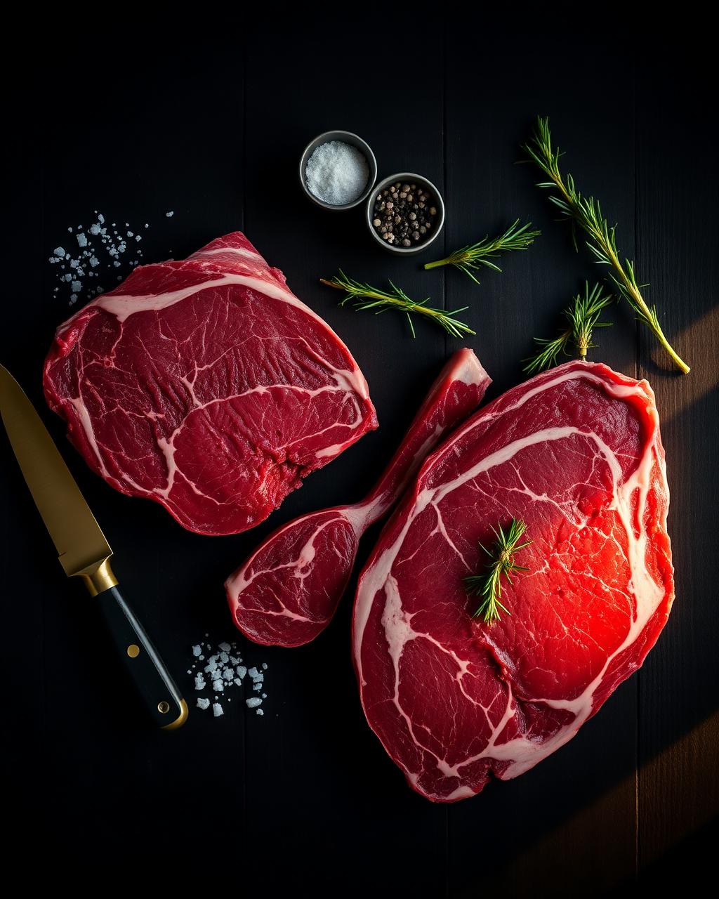 Sélection de pièces de bœuf premium disposées sur un plan de travail